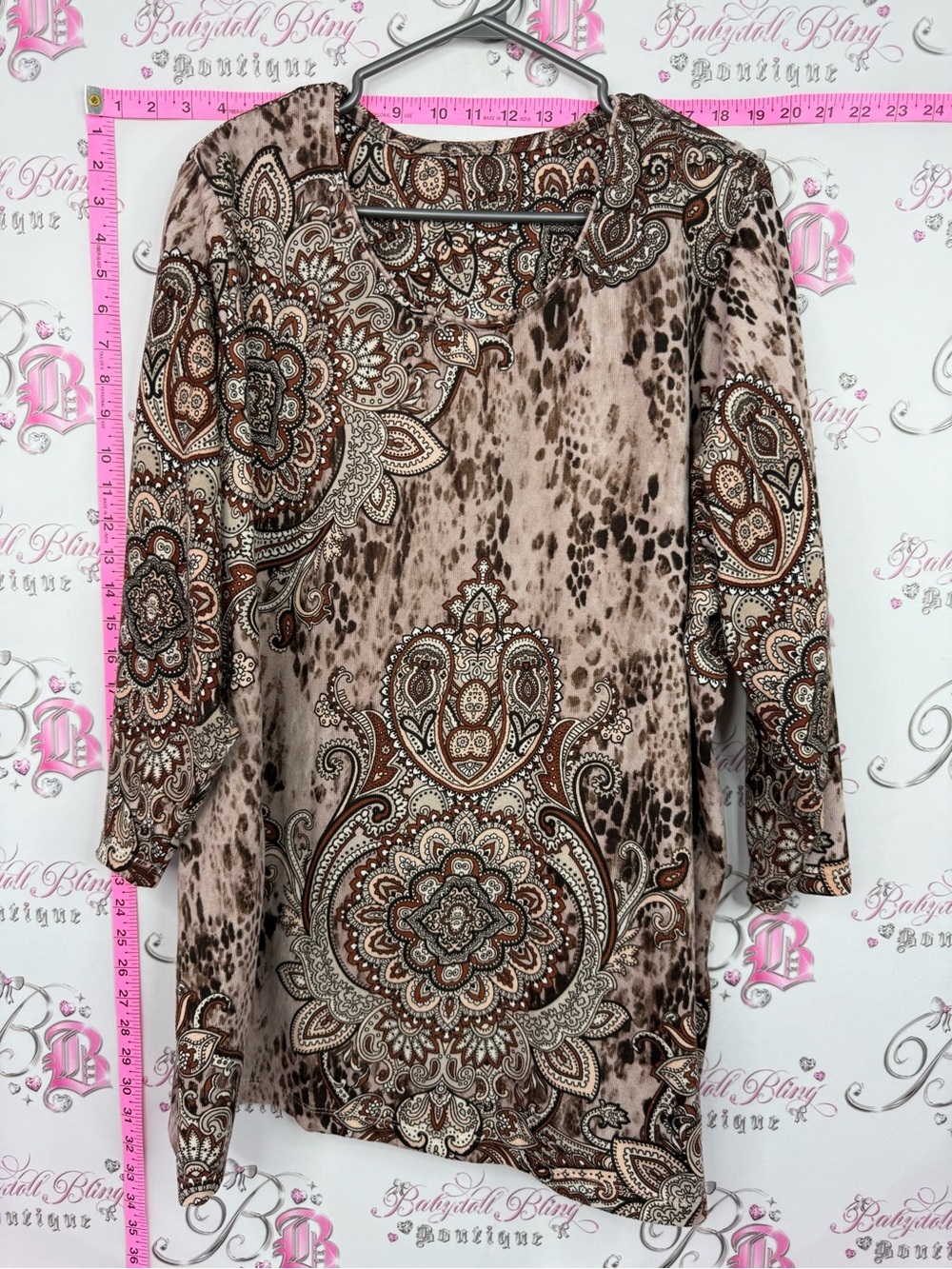 Paisley Print long Sleeve Women’s Top - Beige Brown